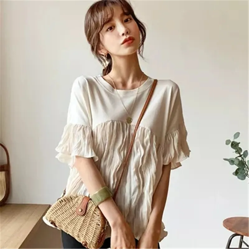 

Модная плиссированная Повседневная футболка с коротким рукавом и круглым вырезом