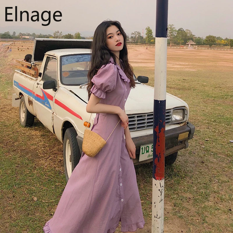 Elnage/корейское элегантное платье на платформе с коротким рукавом длинное женское