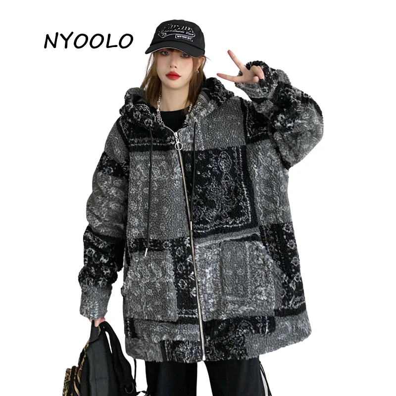 

NYOOLO Streetwear Big Pockets Flowers Patchwork Long Sleeve Lamb Woolen Zipper Hooded Jacket Women Men Winter Thick Warm Coats