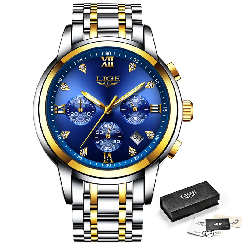 

2020 LIGE New Watches Men Stainless Steel Band Quartz Wristwatch Military Chronograph Clock Male Fashion Sport Watch Waterproof