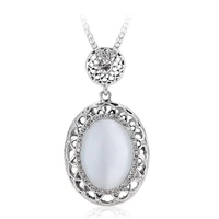 antique silver plated oval shape cat eye stone pendant link chain necklace for women jewelry