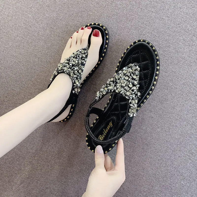 Сандалии со стразами Женские Вьетнамки с Стразы летние туфли на плоской подошве