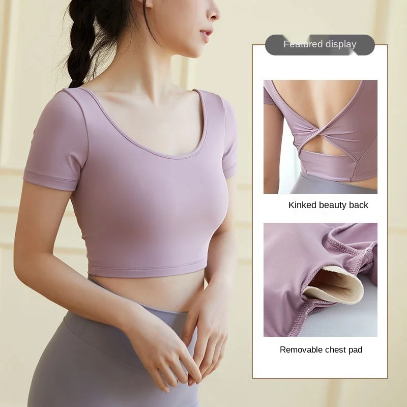 

2021 Short Sleeve Sports Bra For Women New Push Up Gym Bra Yoga Sexy Padded T-shirt Underwear Butterfly Wear Workout Fitness Top