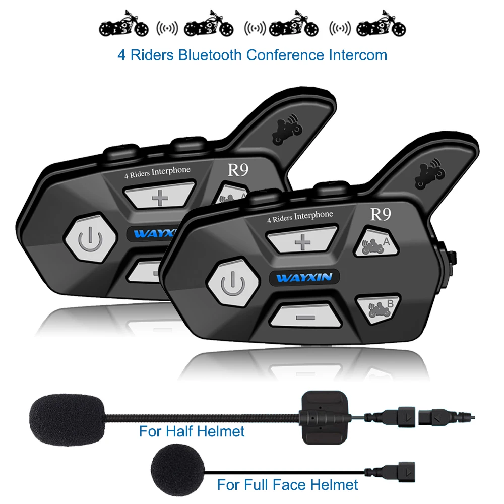 WAYXIN шлем гарнитуры R9 2 шт Bluetooth Интерком для мотоцикла 4 гонщиков говорить в то же время Bluetooth Интерком FM 4 гонщиков