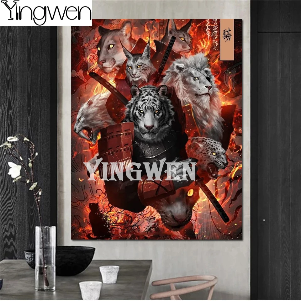 

Tiger Lion Leopard Diamond Mosaic 5D Diamond Painting Rhinestone Art Japanese Samurai Style Animal Cross Stitch Set Home Decor