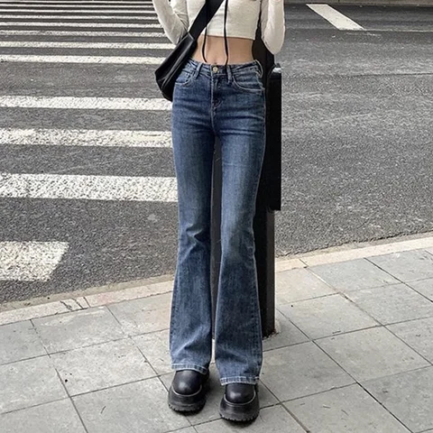Женские выбеленные джинсы-клеш в Корейском стиле, шикарные облегающие модные эластичные хипстерские Ретро Элегантные уличные длинные женские джинсы Ulzzang в стиле колледжа