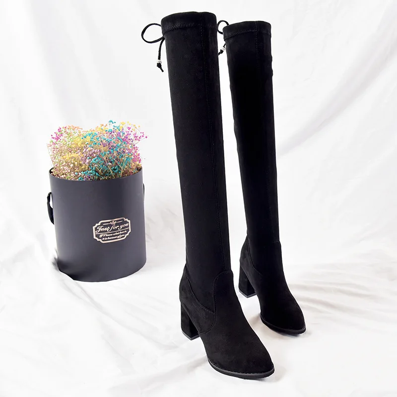 

net red skinny boots in autumn New Korean version of and winter 2020 women's thick heel over knee boots sexy elastic high boots