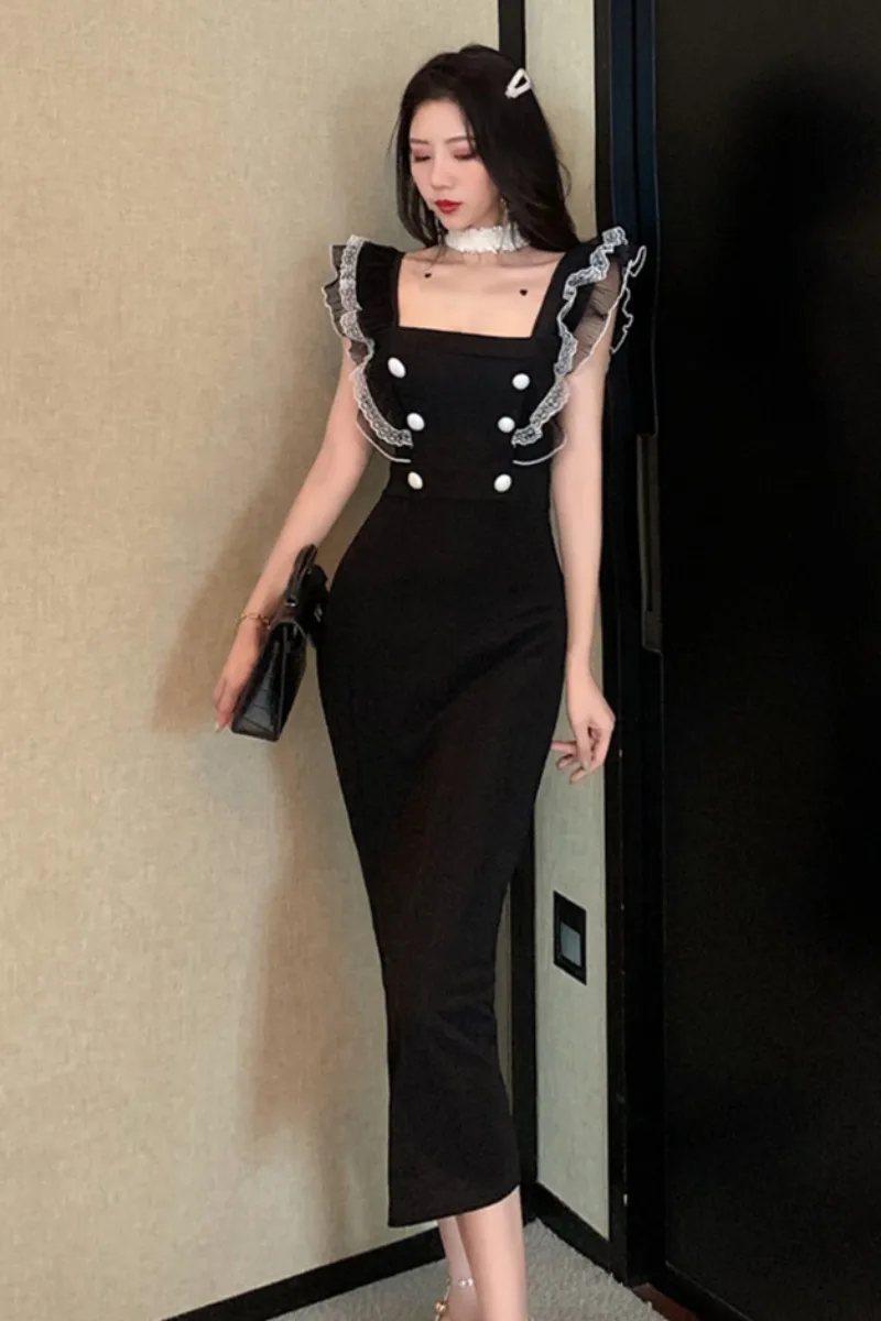

Elegant Dress Women Casual Office Lady Midi Dress Chic Square Collar Sleeveless Sexy Party Mermaid Dress Korean 2020 Summer