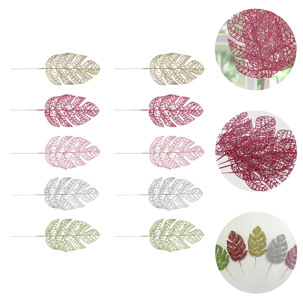 

10pcs Christmas Palm Leaves Glitter Realistic Monstera Leaves False Plant Leaves