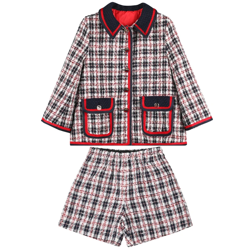 Новинка Клетчатое твидовое пальто с лацканами в стиле ретро Шорты Костюм из двух