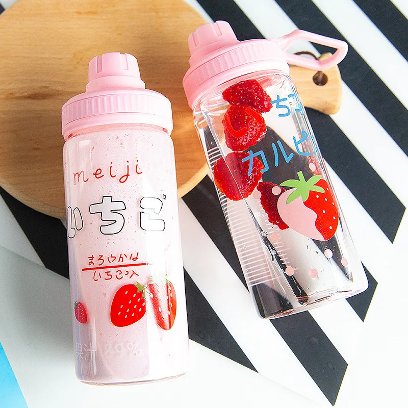 Water bottle cute pink strawberry modern simple transparent glass straw scale water cup girl student personality popular gift