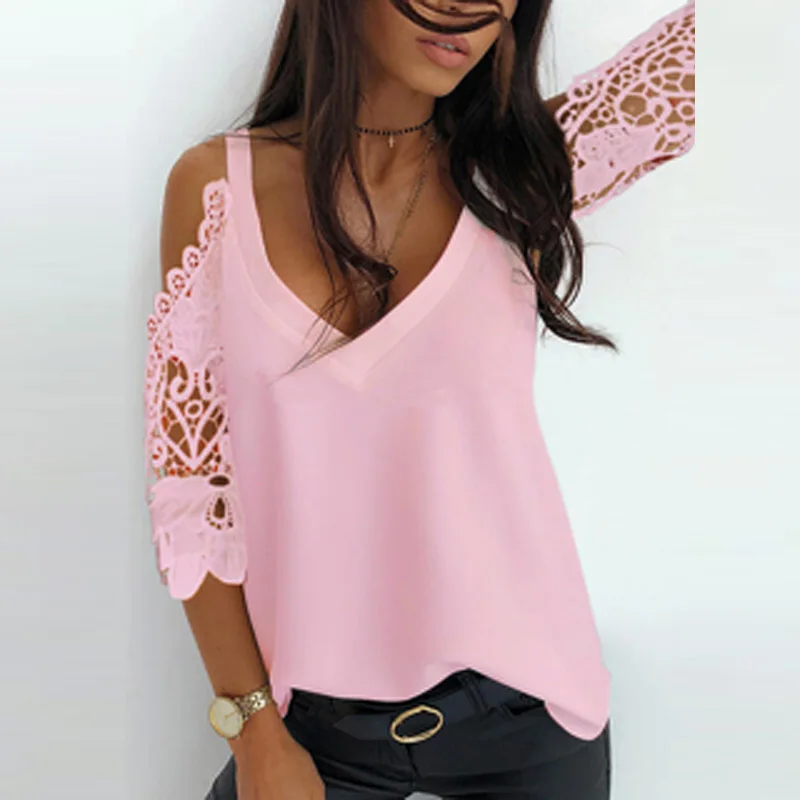 

Женская Кружевная футболка с вышивкой, элегантный однотонный топ на бретельках с V-образным вырезом, с рукавом 2021, для весны и лета, 3/4