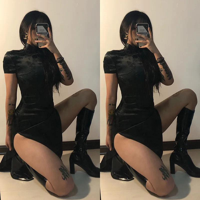 Винтажное облегающее готическое платье Ципао зима 2020 эстетический гранж панк