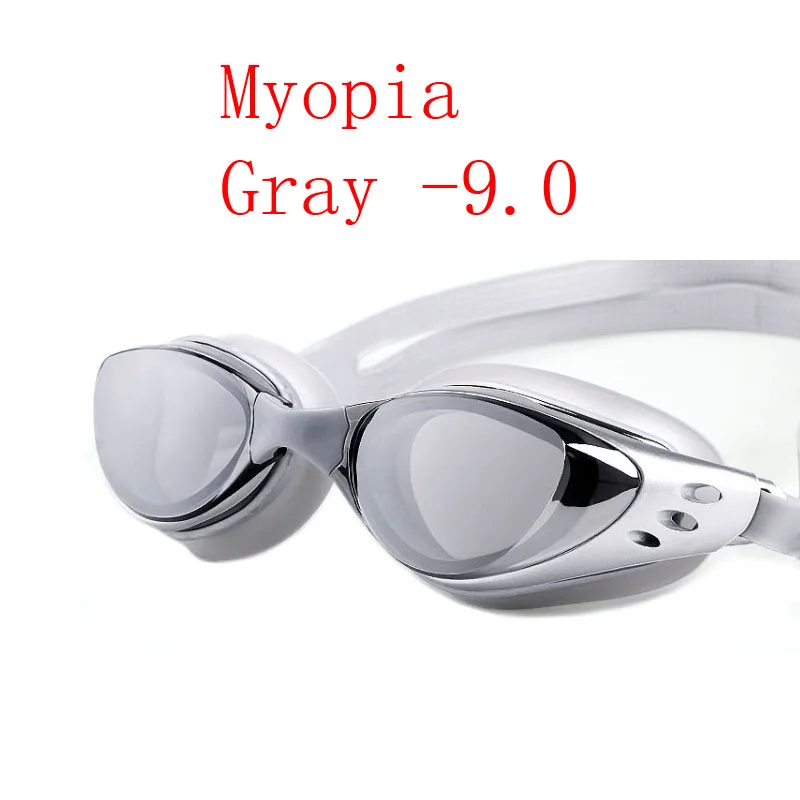 Очки для плавания для близорукости-1,0~-10, водонепроницаемые, противотуманные, арены, очки для плавания по рецепту, силиконовые, большие очки для дайвинга для мужчин и женщин - Цвет: Gray -9.0