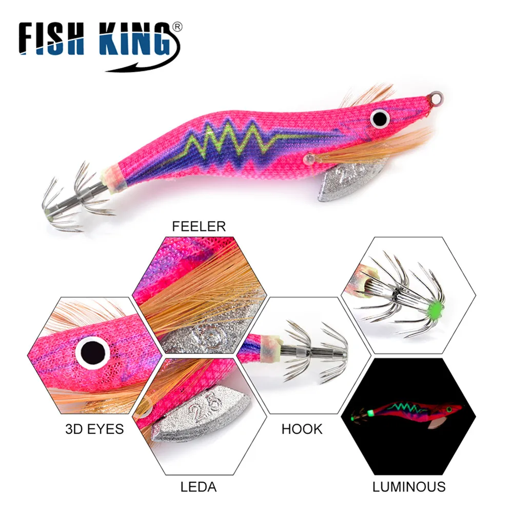 FISH KING 2.0/2.5/3.0/3.5# Hard Bait Luminous Squid Jig Sea Fishing Lure Octopus 8-19.5g Shrimp Cuttlefish Squid Hook Rig Japan