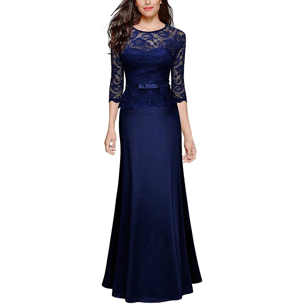 Вечерние платья длинные элегантные темно-синие кружевные вечерние с длинным