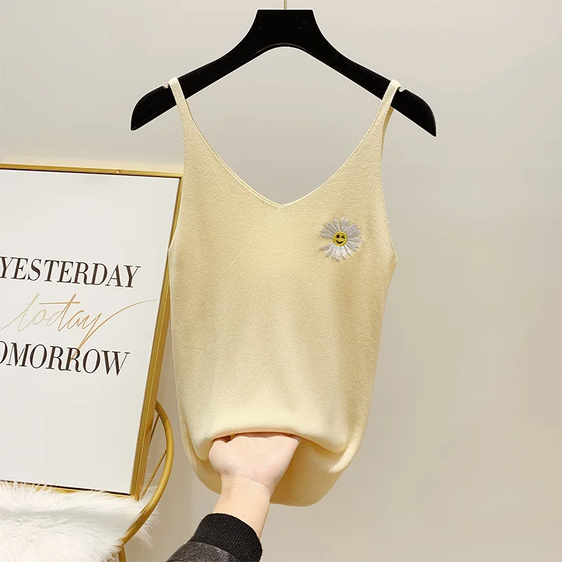 Летний Эластичный трикотажный топ на бретелях для женщин новые милые базовые