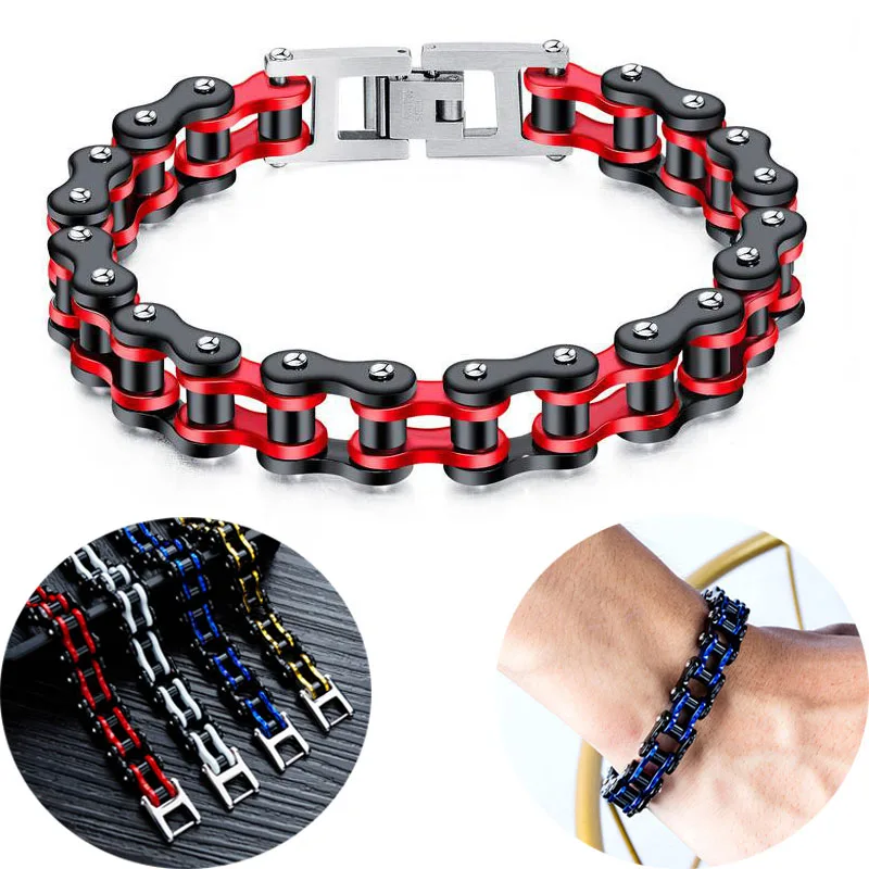 

Men bracelet fashion punk mens blue engine bike chain titanium stainless steel locomotive bicycle bike chain bracelets jewelry