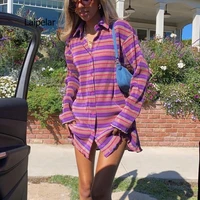 spring summer long sleeve casual loose dress women striped print mini dress v neck purple 2021