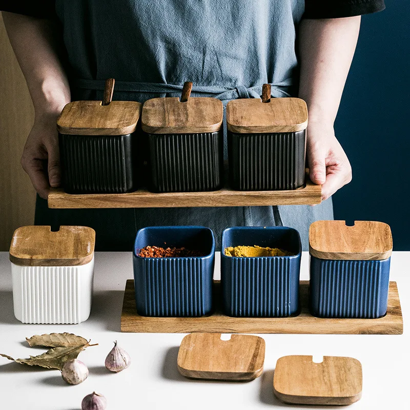 

Creative Square Strip Seasoning Jar Household Heavy Ceramic Seasoning Box Tray Durable Kitchen Set