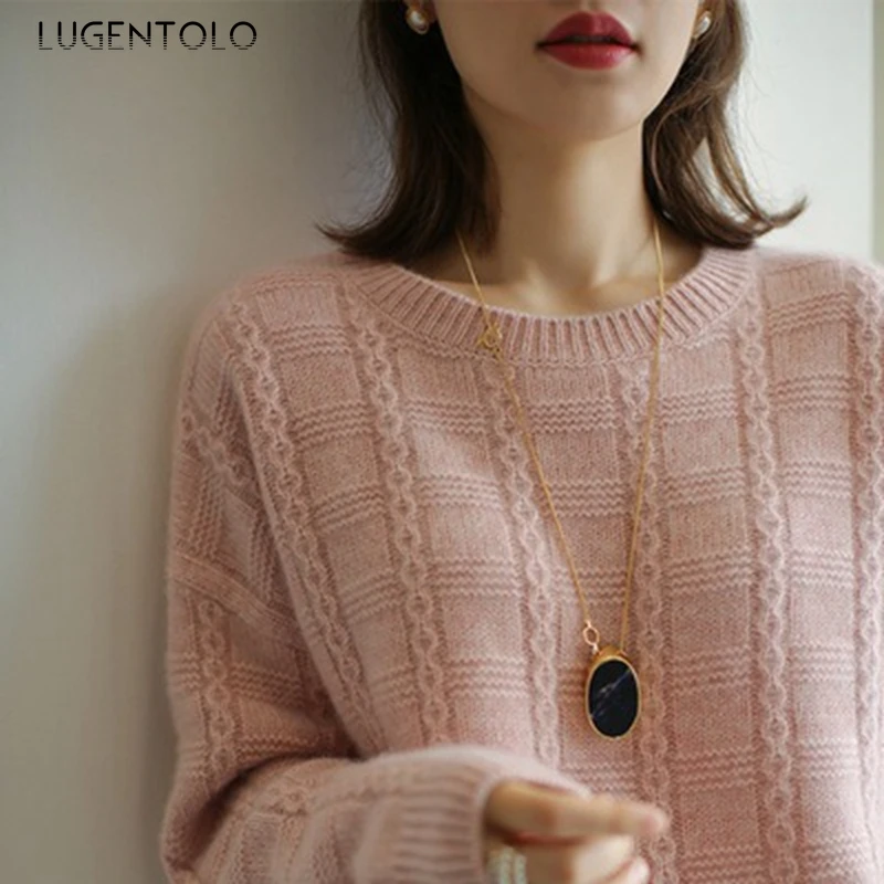 

Lugentolo Women Loose Sweater Autumn Winter Casual Pullover Solid Color Cozy Long-Sleeve O-neck Lady Simple Bottoming Sweaters