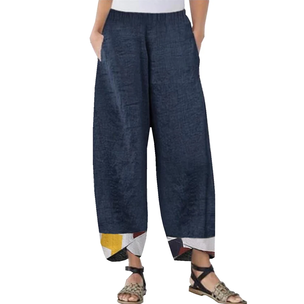 

5XL Color Patchwork Pants for Women Pockets Elastic Mid Waist Loose Casual Bottoms Vintage Ladies Straight Trousers Plus Size