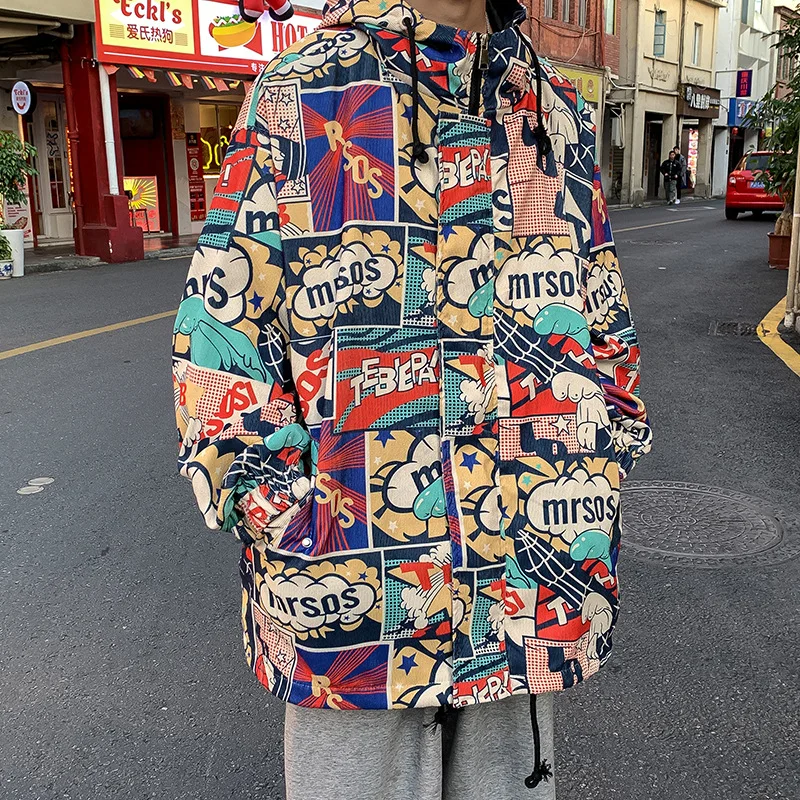 

2021 Graffiti cartoon jacket Japanese anime fashion print hip hop loose size zipper hoodie man mens fashion clothing trends