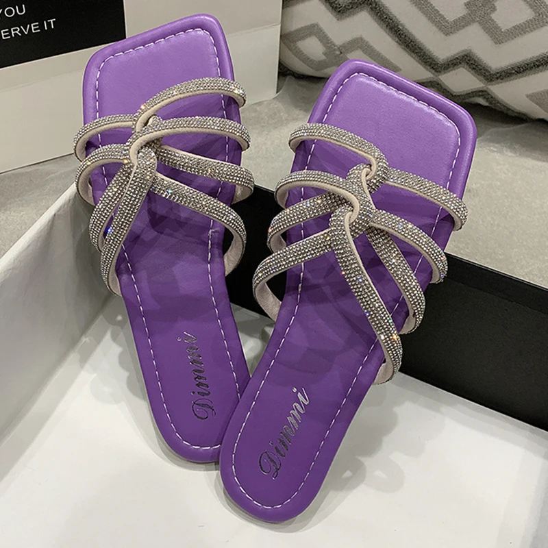 Rimocy/летние женские шлепанцы со стразами на плоской подошве Модные с квадратным