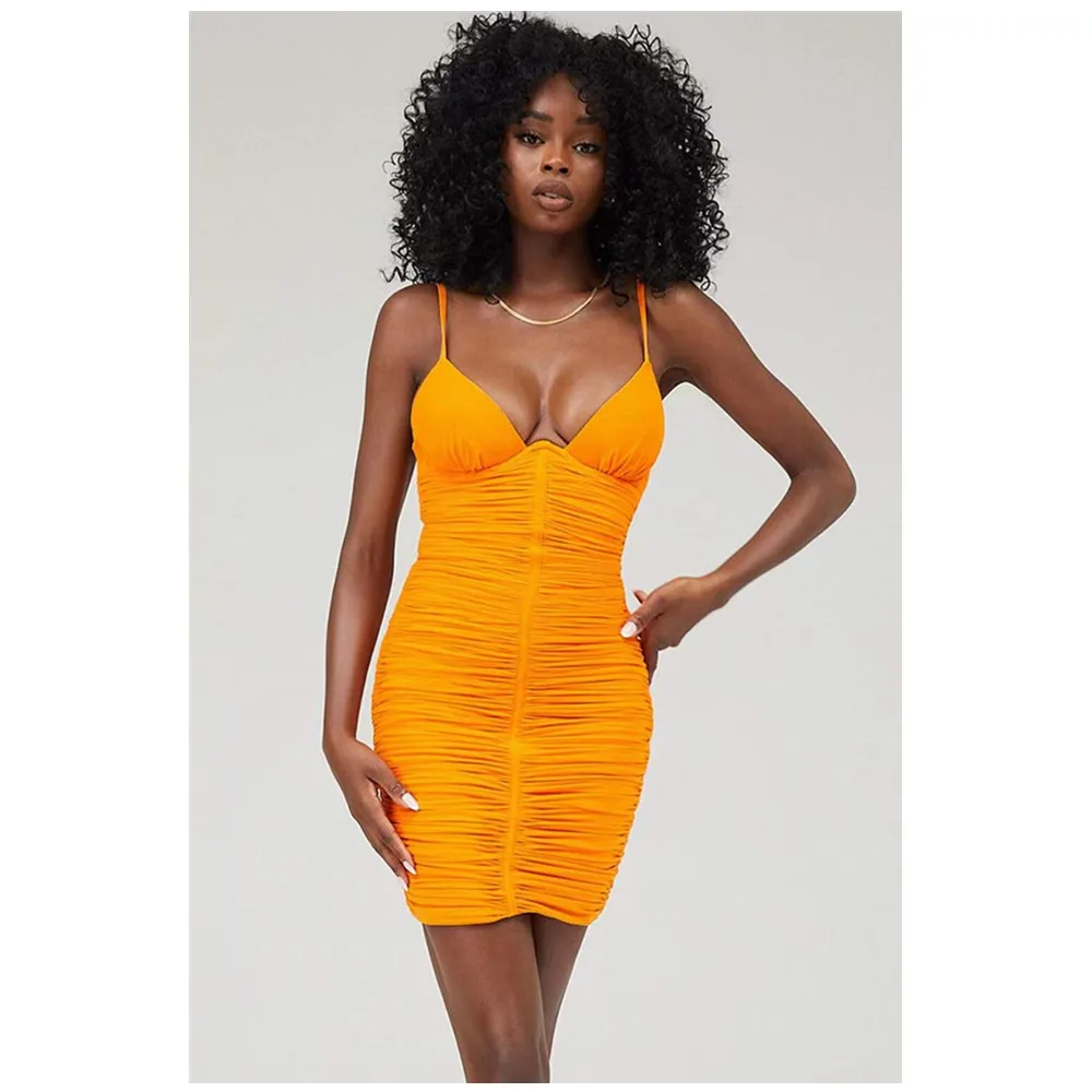 

Женское облегающее мини-платье с V-образным вырезом, элегантное вечернее платье оранжевого или коричневого цвета с открытой спиной и драпир...