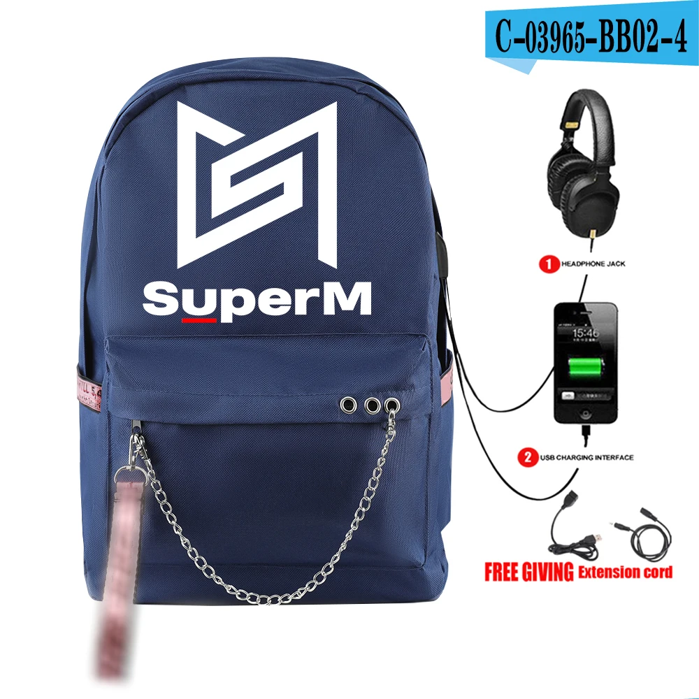 SuperM рюкзак KPOP крутой логотип команды стильный с подвесным орнаментом с USB молнией модный рюкзак для путешествий - Цвет: BB02