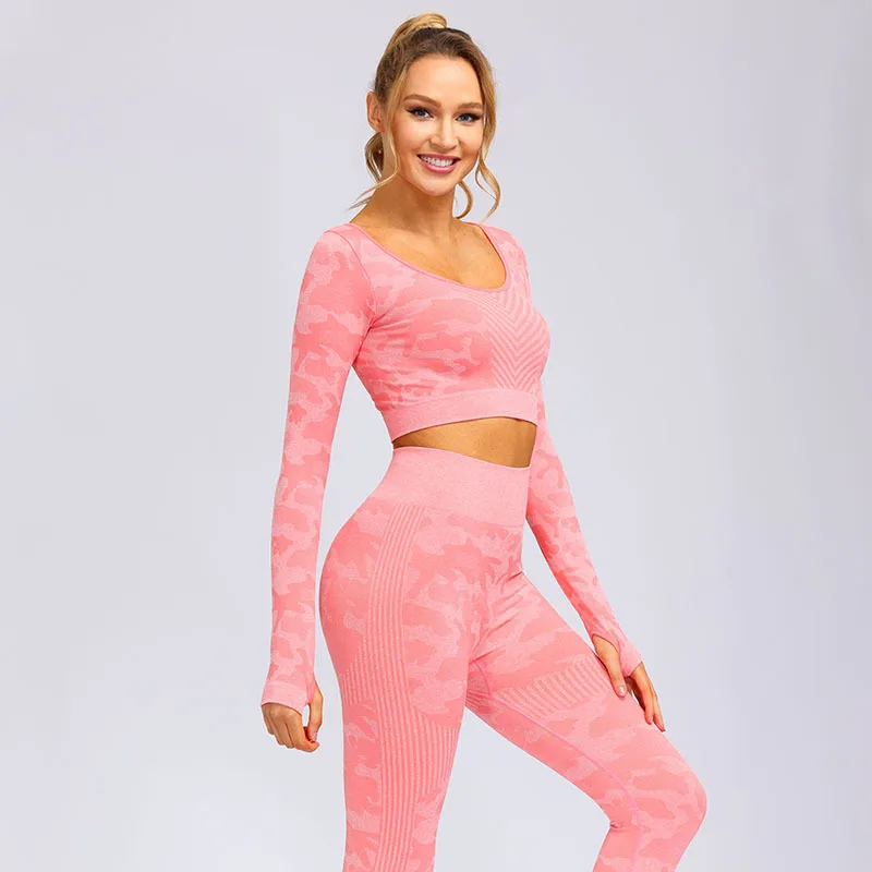 

Sports Suit Fitness High Waist Leggings Pants Seamless Yoga Set Long Sleeve Crop Top T-shirts 2Pcs Tracksuits Workout Joggings