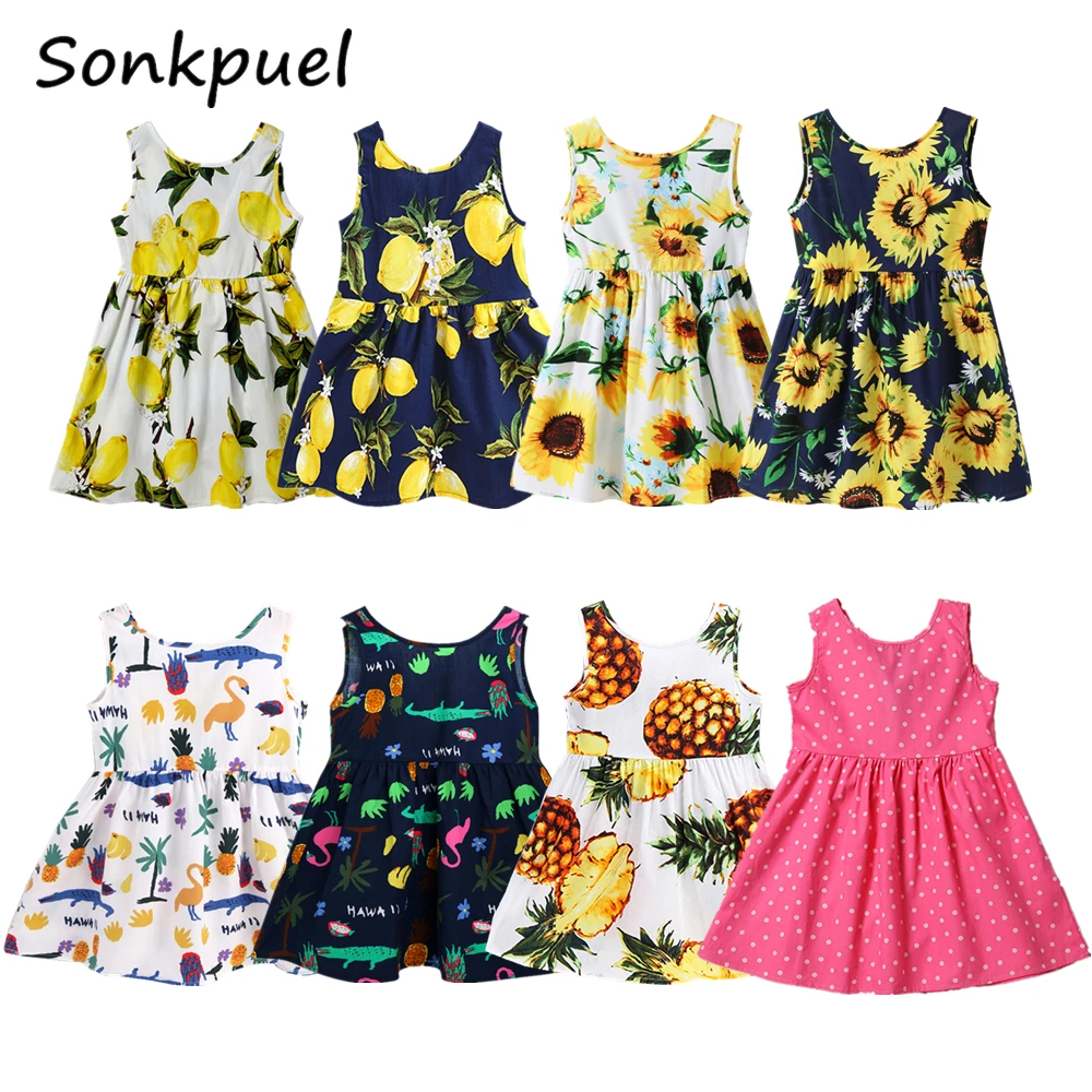 Летнее платье для девочек с ананасом Розовое хлопковое детское без рукавов