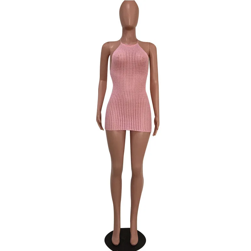 Летние розовые трикотажные прозрачные вечерние мини платье 2019 для женщин с