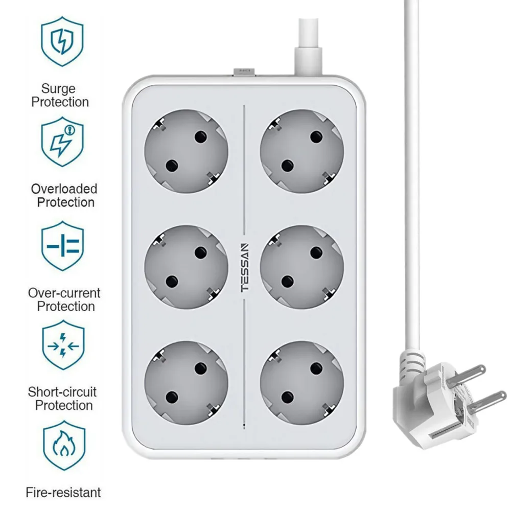 

TESSAN Power Strip EU Plug with 6 Way Outlets 3 USB Ports 2M Extension Cable Overload Surge Protector for Smartphone Laptop