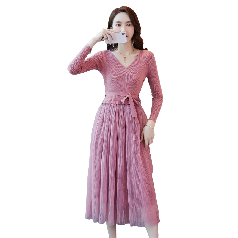 

Bottom Knitted Dress Children's Autumn and Winter 2019 New Style with Coat Medium Length V-Neck Sweater Dress Over Knee, A356