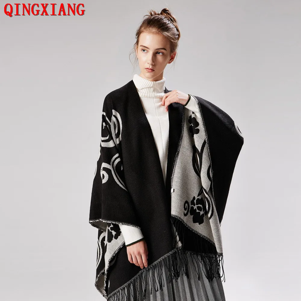 

2019 New White Print Long Oversize Women Scarf Wrap Blanket Cloak 130*150cm Faux Cashmere Solid Poncho Cape Lady Warm Knit Shawl