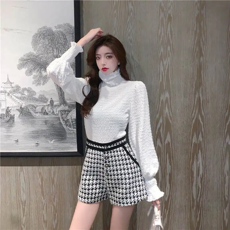

Autumn Tweed Houndstooth 3 Piece Set WomenTurtleneck White Blouse+Vest Tweed Vest + Mini Shorts Sets Korean Chic Vintage Suit