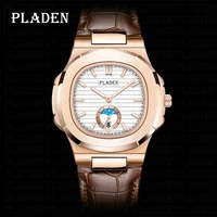pladen new vintage mens watches top brand luxury leather strap quartz watch simple moon phase decoration clock reloj de hombre