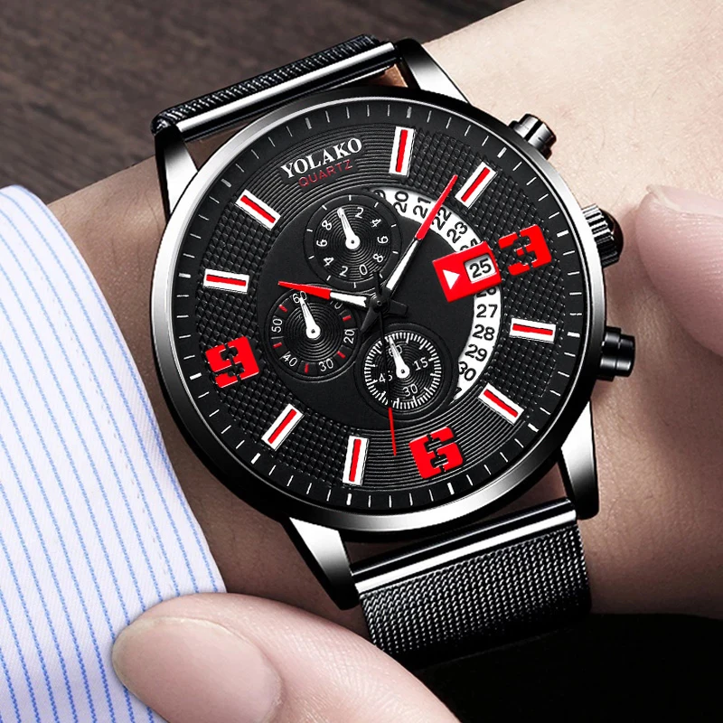

2021 Watches Mens Fashion Calendar Watch Men Business Stainless Steel Mesh Belt Quartz Wrist Watch Male Clock relogio masculino