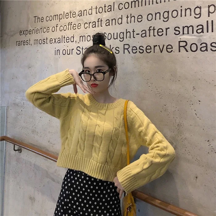 Yellow Autumn Winter New Women's Short Pullovers Sweater Twist Knitting Full Sleeve Solid Fashion Vintage Casual Tops T98506D - Цвет: Yellow
