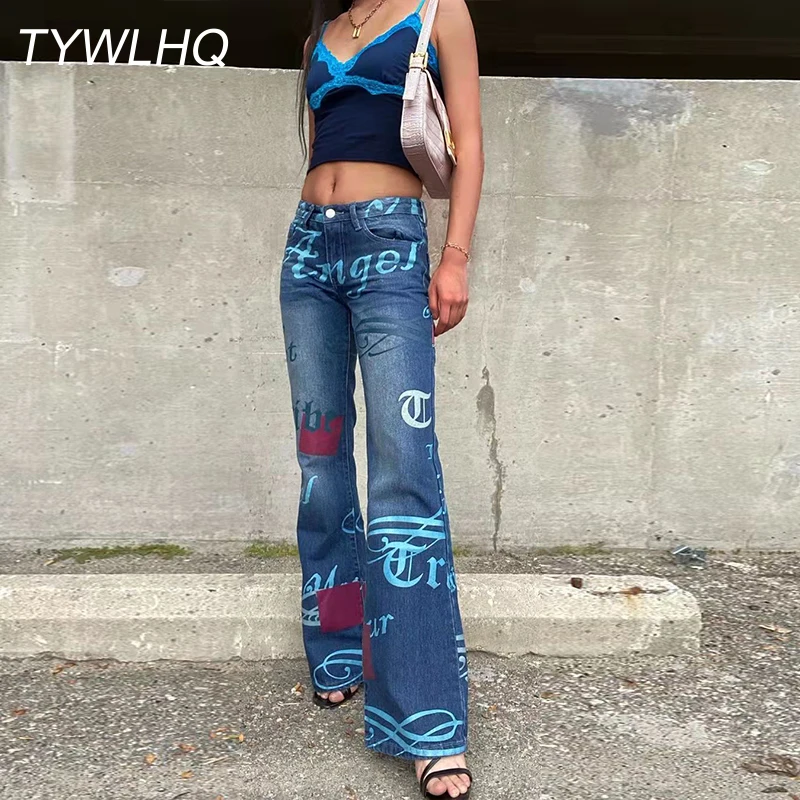 

Low Rise Jeans Pants Women Long Denim Trousers Female Vintage Y2K Printed Jeans Wide Leg Letter Angel Distressed Boyfriend Jean