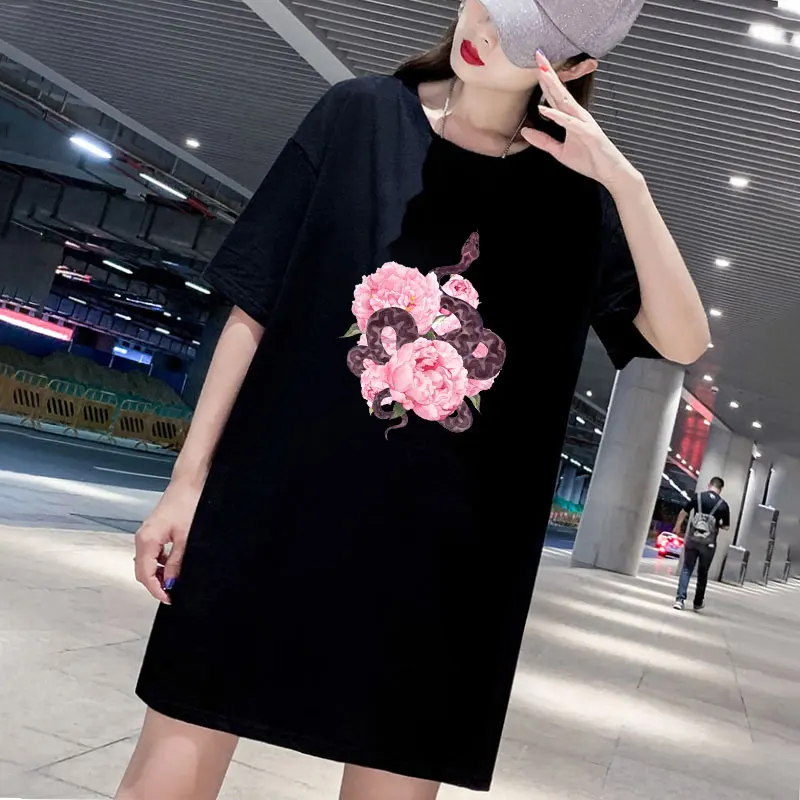 

Plus Size Short Sleeve Dress Flower Snake Print Loose Casual O-Neck Summer Women Dresses Lady Party Fashion Short Vestidos 2020
