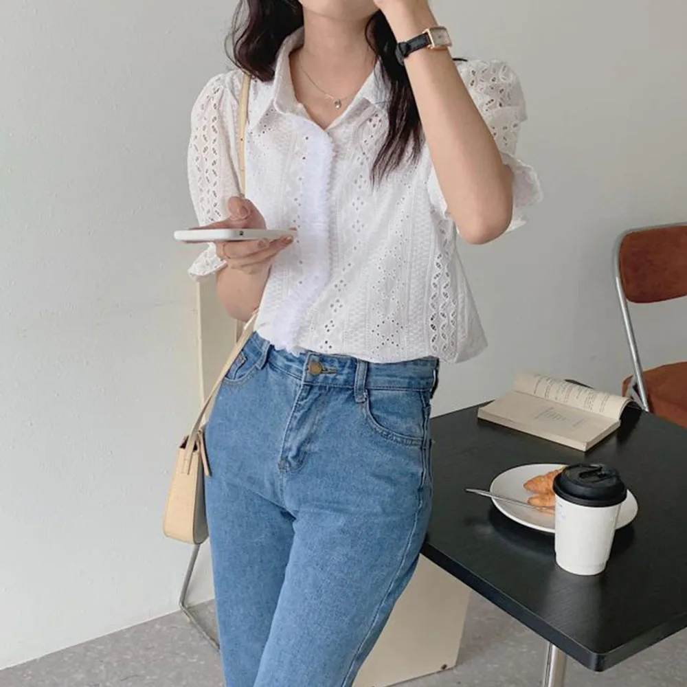 

Japanese Style 2021 Summer New White Hollow Out Blouse Fashion Temperament All-match Single-breasted Puff Sleeve Lapel
