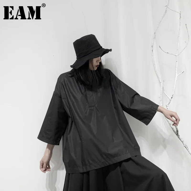 

[EAM] Женская черная блузка большого размера, новая свободная рубашка с отворотом и рукавом три четверти, модная весенне-осенняя 2022 19A-a699
