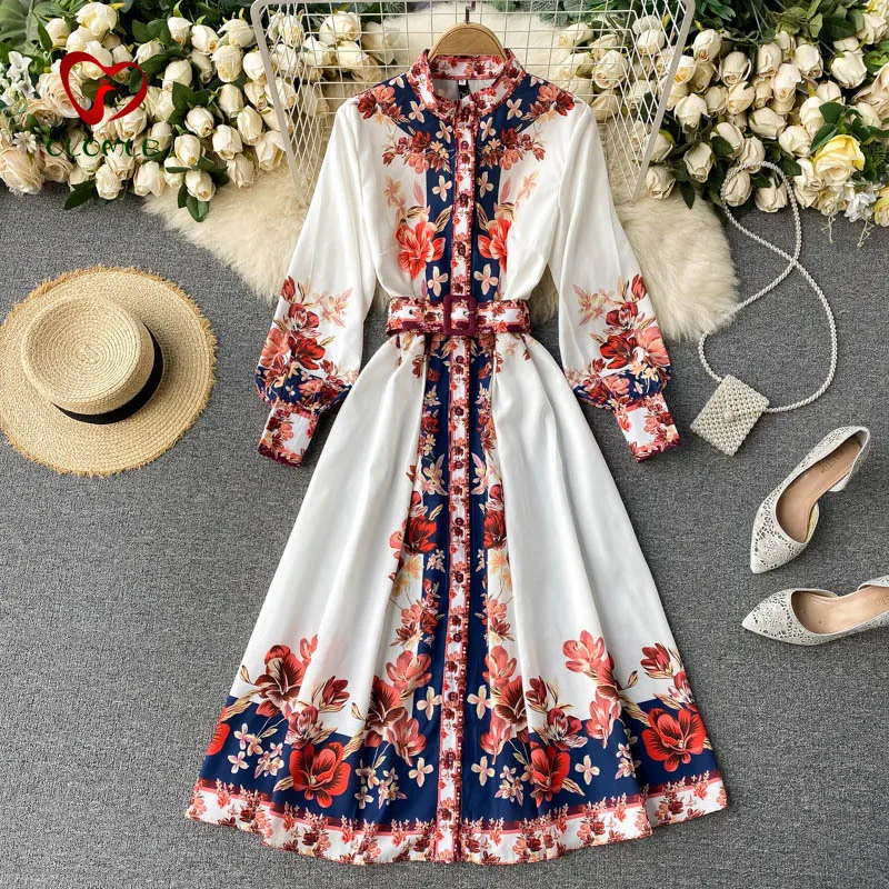 

Ladies Temperament Banquet Formal Dress Daily Style Vintage Printed Slim-Fit Mid-Length Court Style Dress for Women