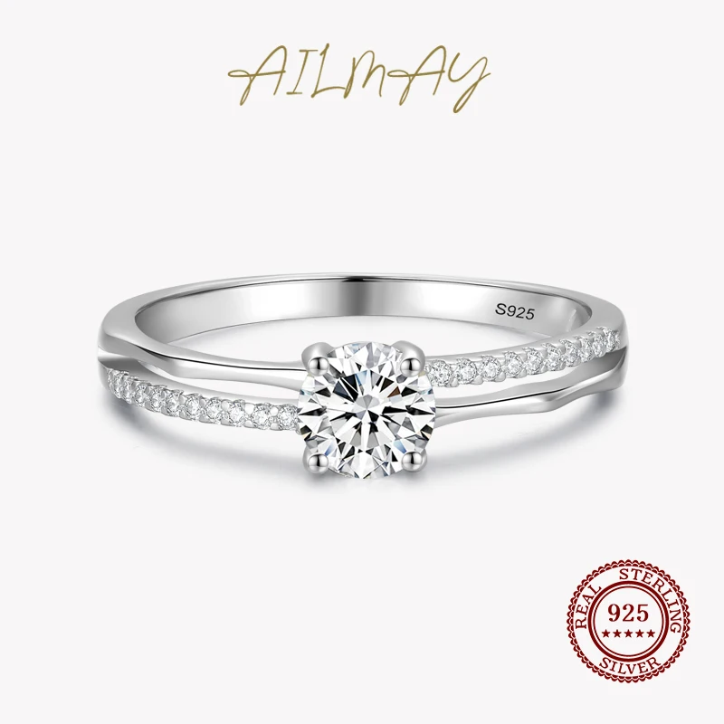 Ailmay 925 Sterling Silver Fashion Luxury Double Iine Slub Clear Zircon Rings For Women Wedding Engagement Fine Jewelry