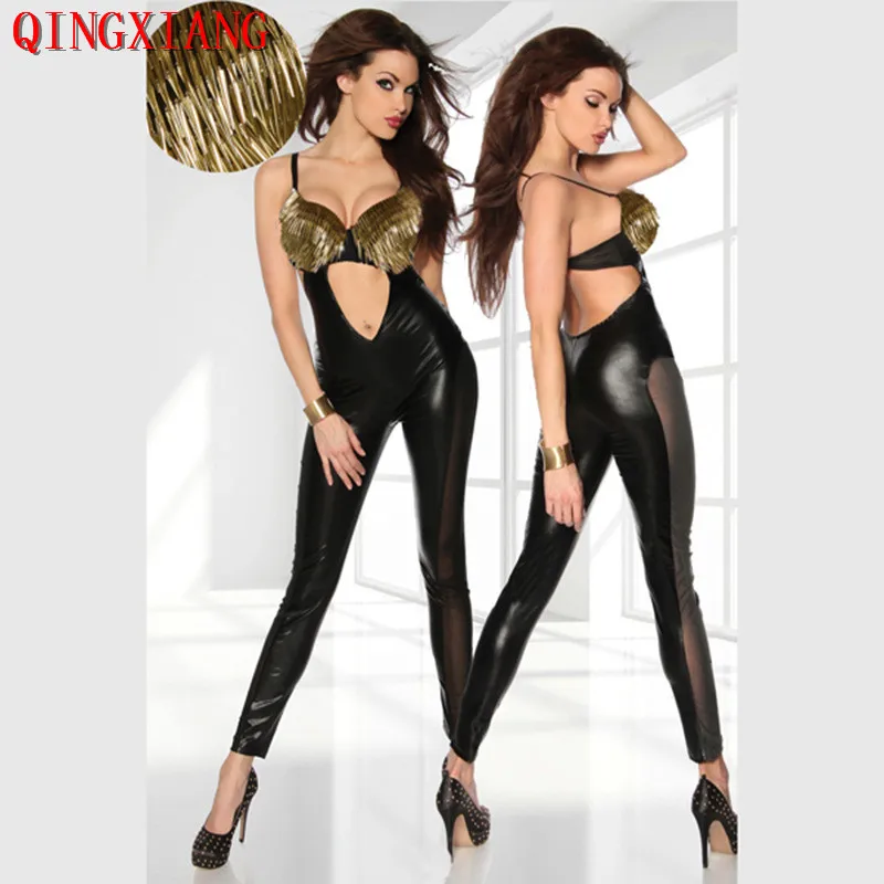 

S-L 2020 Women Fetish Faux Leather Long Nail Gold Tight Bodysuits Sexy Black Motor Biker Beading Bust Jumpsuit