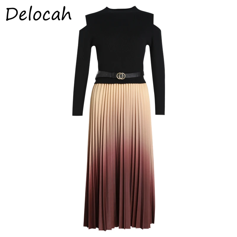 

Delocah Women Summer Fashion DesignerMidi Dress Sashes Strapless Long Sleeve High Waist Patchwork Ladies Pleated Dresses 2021