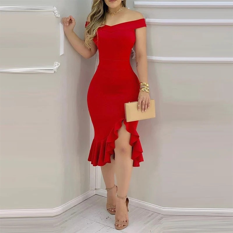 

2021 ladies fashion dress sexy one-shoulder skirt spring and summer solid color strapless short-sleeved ruffled split skirt