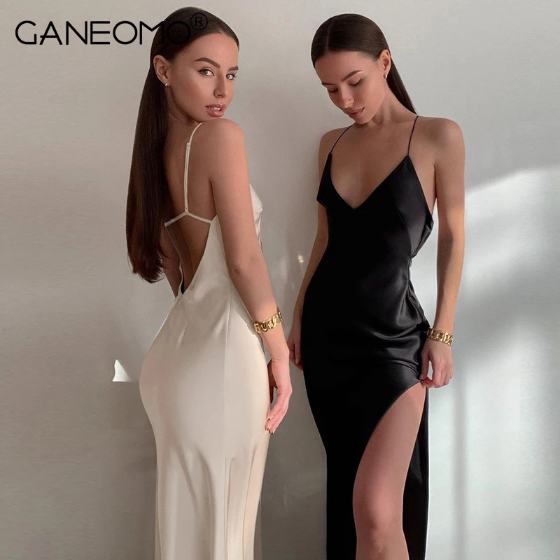 

Summer Satin Spaghetti Strap Slit Long Dress for Women Elegant Sleeveless Backless Club Party Beach Midi Dresses Sexy Sundres